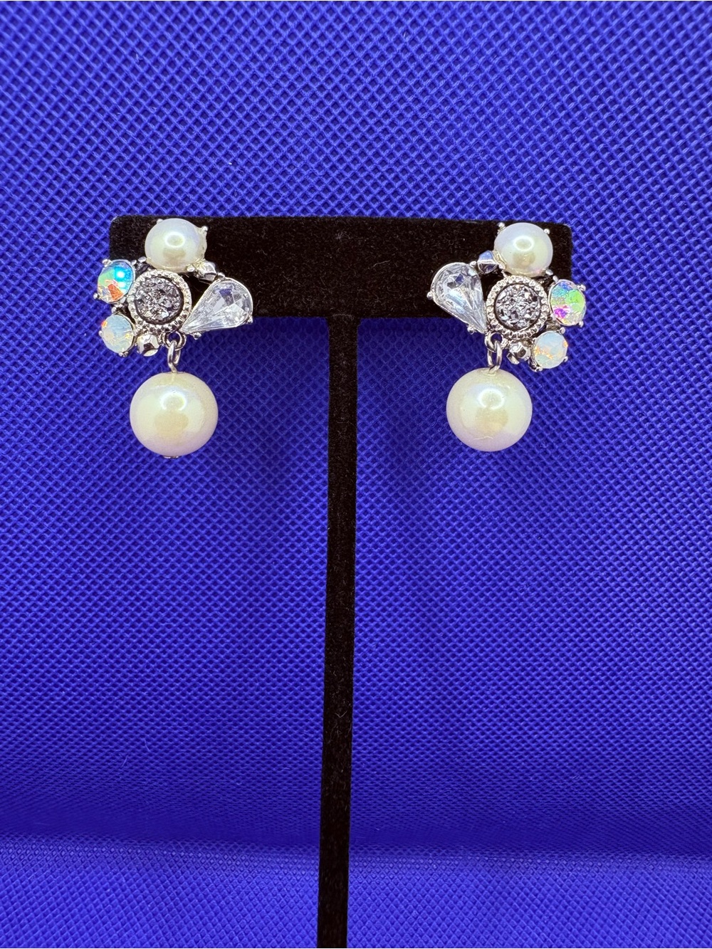 Vintage Retro Faux Pearl Dangle Druzy & Crystal Stud Cluster Earrings 1 1/4”